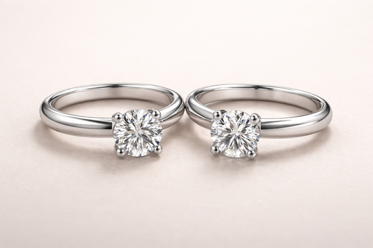 Close-up of two solitaire engagement rings with round diamonds on slim white metal bands on a soft neutral background
