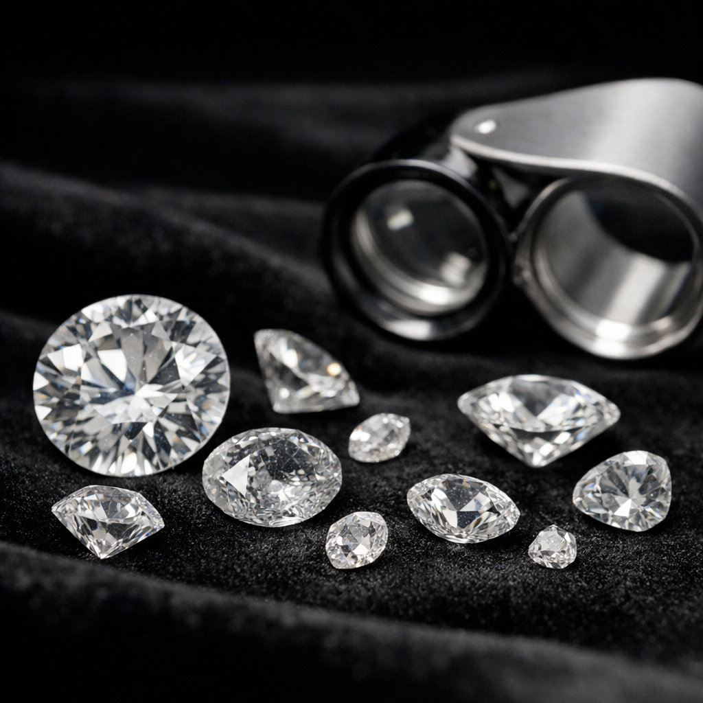 Assorted loose diamonds of various shapes on a black velvet background with a magnifying loupe