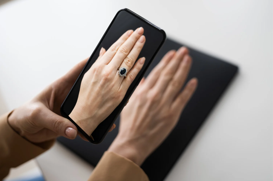 Lady using AR virtual ring try on, on her phone