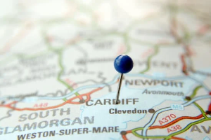 Pin in a map targeting Cardiff as jewellery centre 