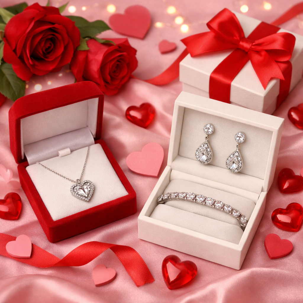 Valentine's diamond bracelets, earrings and pendants displayed in gift boxes with red roses