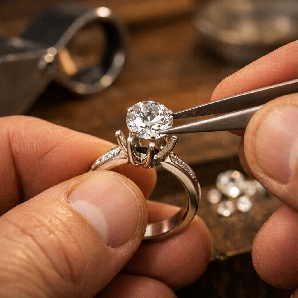 Close-up of a jeweller using tweezers to upgrade an engagement ring with a larger diamond, warm lighting.
