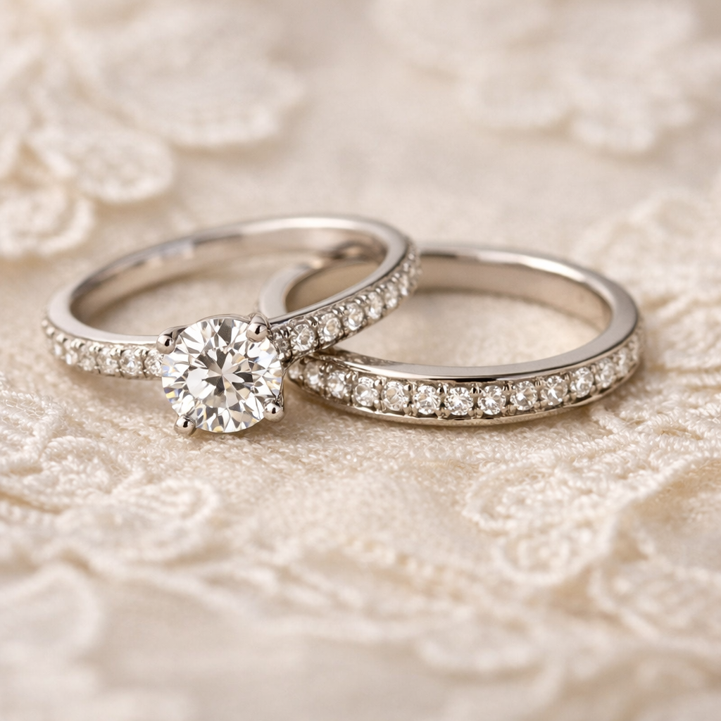 Engagement ring and matching wedding band side by side on lace fabric, showing flush fit with pavé diamonds under soft lighting.