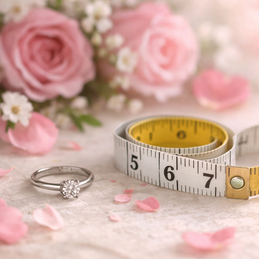 Engagement ring with measuring tape and roses for secret ring size guide