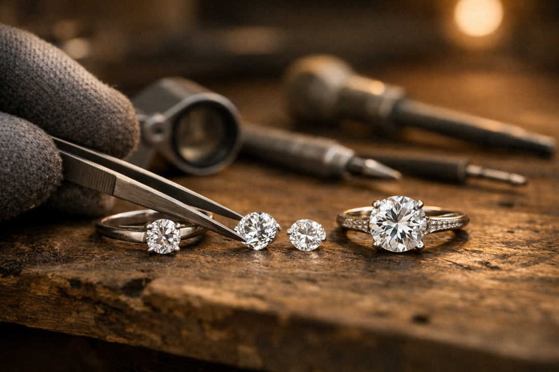 Close-up of a halo engagement ring featuring a circle of small diamonds around the centre stone