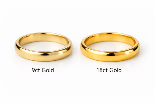 Side-by-side 9ct and 18ct gold rings showing subtle colour difference on a white background