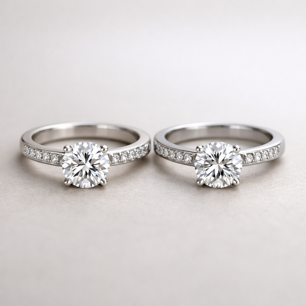 Close-up of a pair of pave-set diamond engagement rings with round centre stones and pave-set bands on a neutral background.