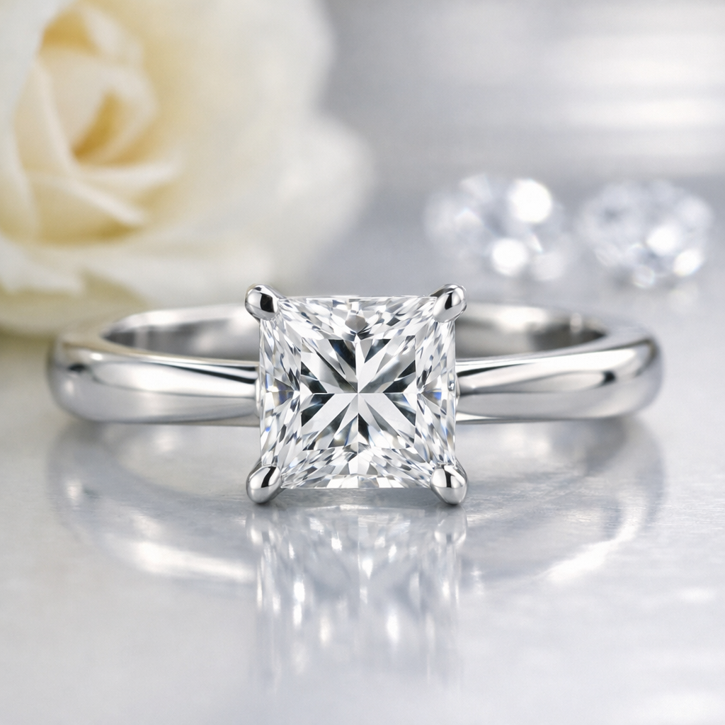 Close-up of a princess-cut diamond engagement ring with a simple white metal band, photographed on a reflective surface with a floral background.