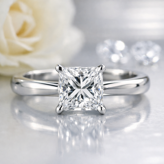Close-up of a princess-cut diamond engagement ring with a simple white metal band, photographed on a reflective surface with a floral background.