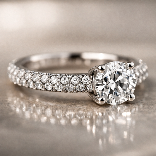 Close-up of a pavé-set diamond engagement ring with tiny diamonds along the band under soft lighting.