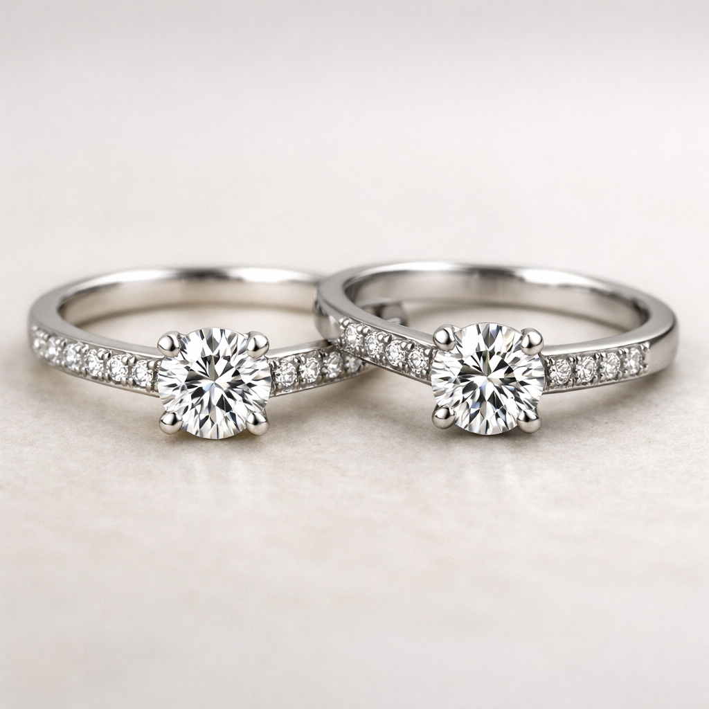 Close-up of two solitaire engagement rings with round diamonds set in cathedral-style mountings on pavé bands against a neutral background.