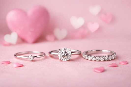 Three diamond rings with round and band styles on a pink heart background illustrating carat size differences.