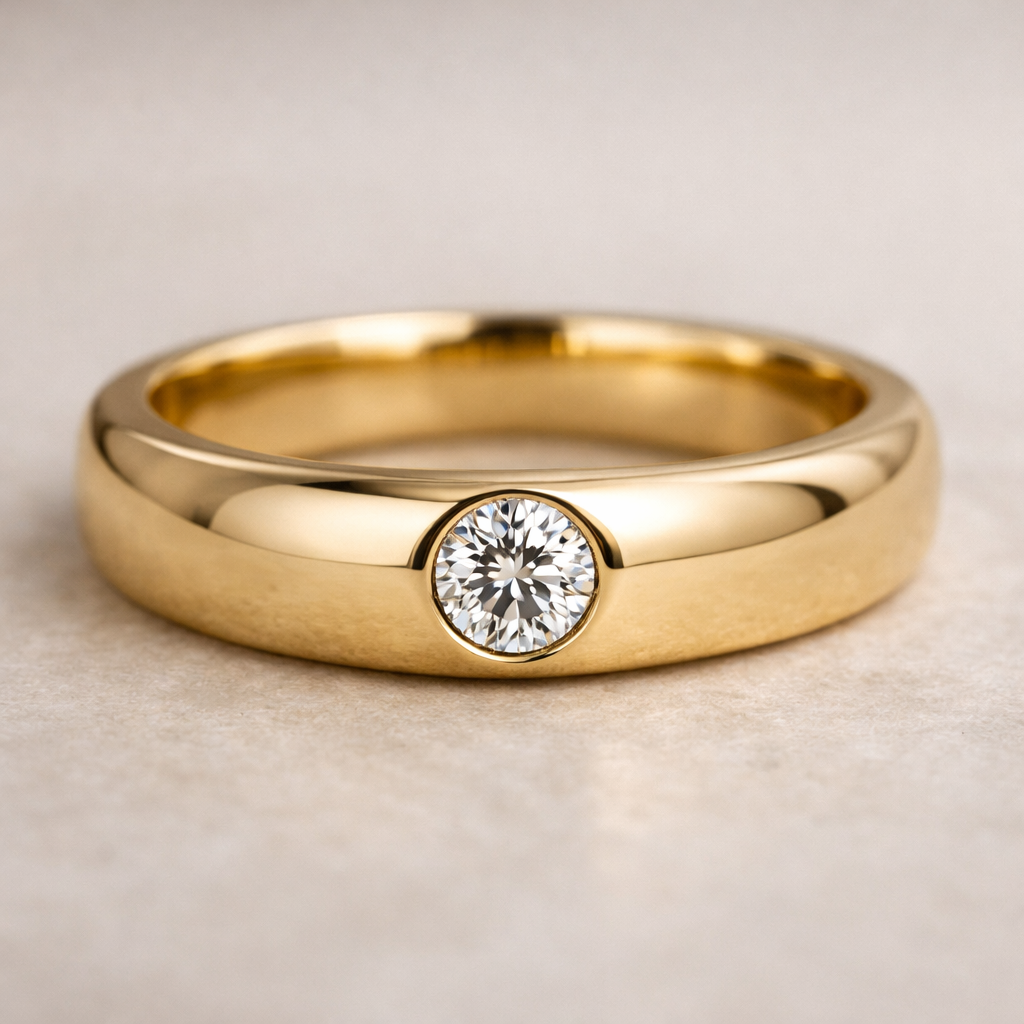Close-up of a yellow gold engagement ring with a round diamond on a plain band, photographed on a neutral background.