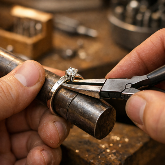 Jeweller resizing an engagement ring using pliers on a ring mandrel