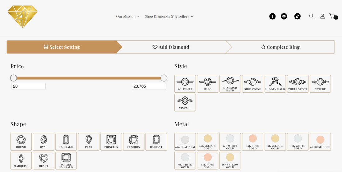 “Person designing a custom ethical diamond ring online using the Diamonds4Change ring builder”