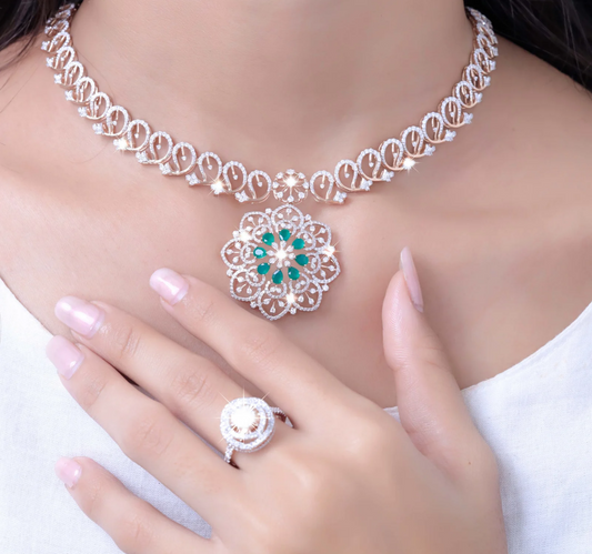 Lady wearing vintage necklace and ring looking  stylish 