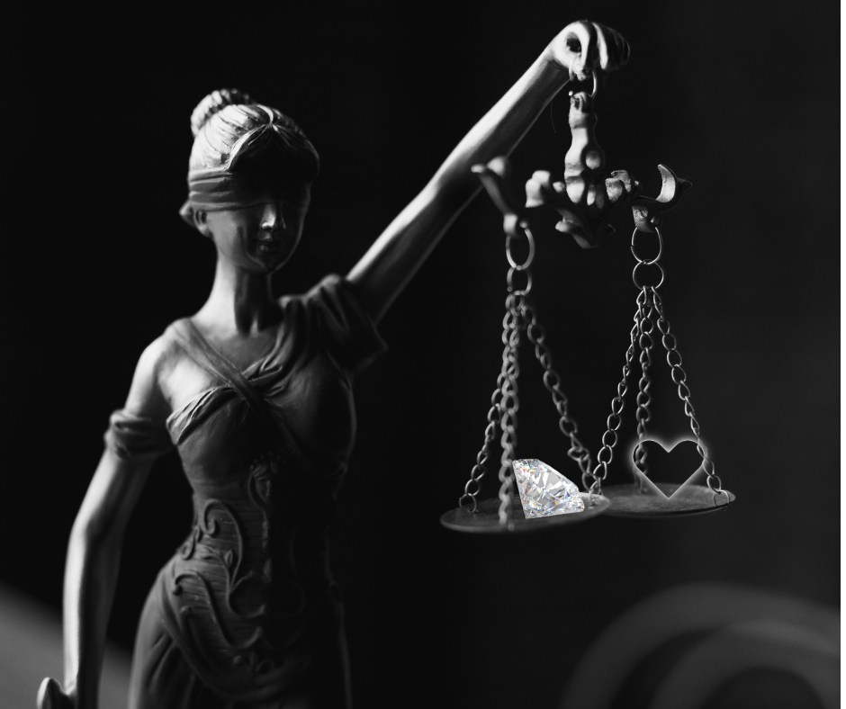 Lady justice holding scales with a diamond weighing against a heart.