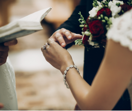 Wedding pictures with rings being exchanged between bride and groom