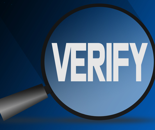 Magnifying glass highlighting the word verify on a blue background