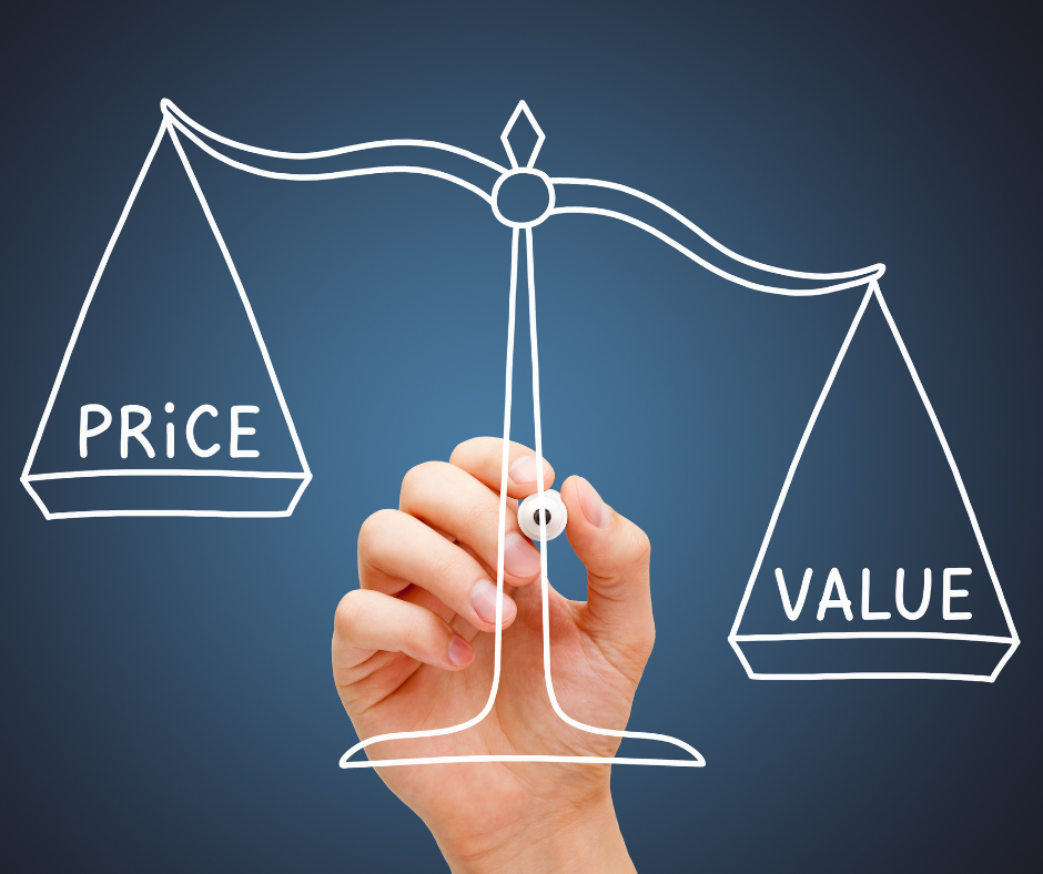 Scale comparing price and value drawn with chalk on blue board