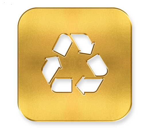 Gold recycling symbol on square yellow background representing ethically sourced diamonds