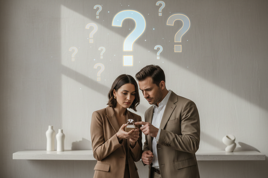 Couple examining a diamond engagement ring together with floating question marks, symbolising questions to ask before buying