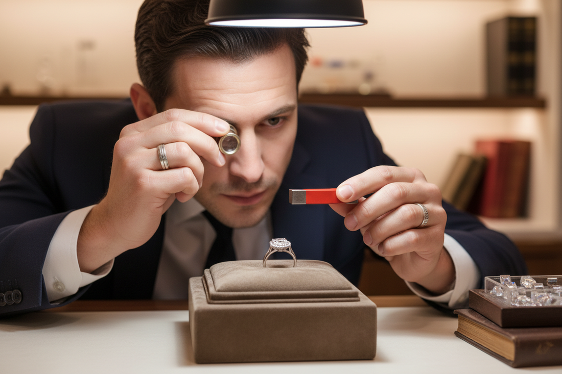 Jeweller examining a ring with a magnet and magnifying glass to test authenticity.