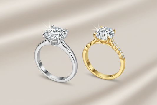 Two solitaire diamond engagement rings, one silver and one gold, on a beige background