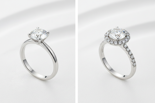 Solitaire and halo rings side by side on grey