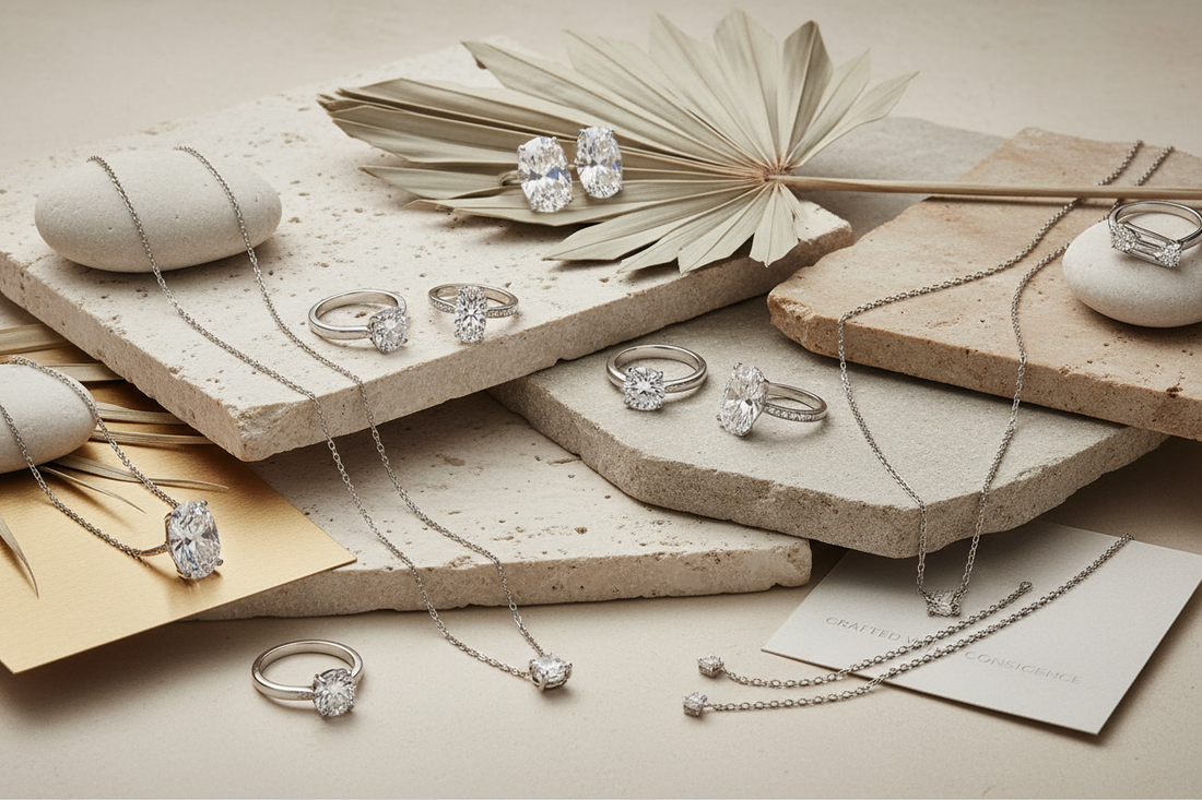 “Flat lay of ethical jewellery made from recycled gold and lab-grown diamonds, displayed on neutral fabric with branded boxes – showcasing UK sustainable brands.”