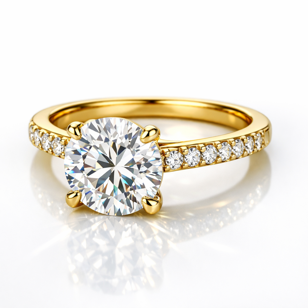 Illustration of a lab-grown diamond ring set in 18K gold with a large round center stone and pavé band on a white background.