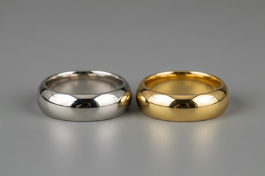 Close-up of platinum and gold rings on a neutral grey background showing smooth shiny metal surfaces