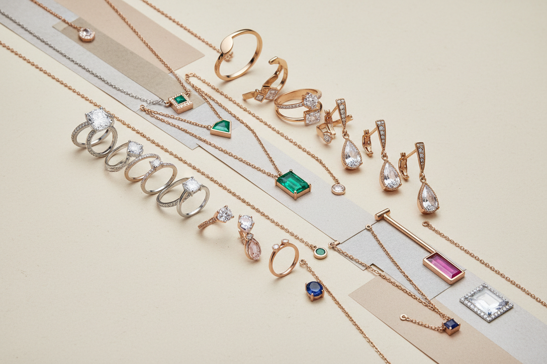 Collage of ethical jewellery pieces made from recycled metals and lab-grown stones displayed on a neutral beige background.