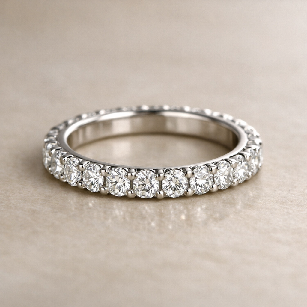 Close-up of an eternity ring with diamonds encircling the band on a neutral background