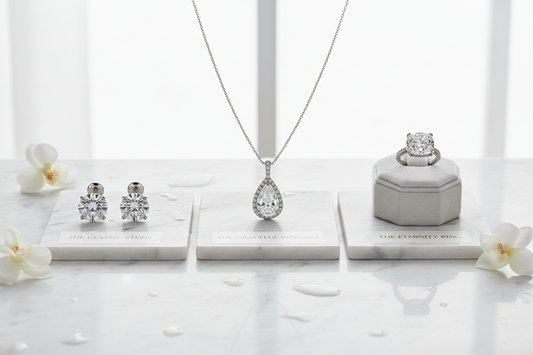 Diamond necklace, earrings and ring displayed on marble trays with flowers for sparkliest diamond guide