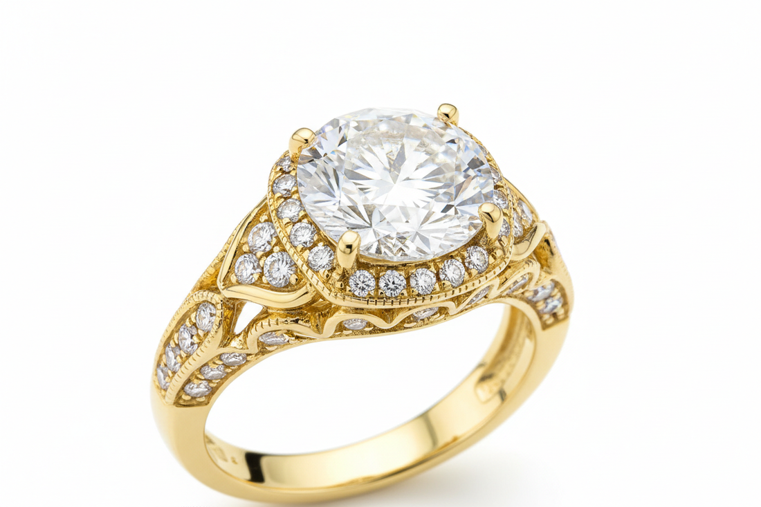 Close-up of a yellow gold engagement ring featuring a large round diamond surrounded by smaller diamonds on a pave-set band.