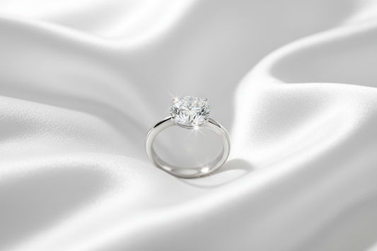 Close-up of a round diamond solitaire ring on a white gold band resting on a silk fabric with a neutral background.