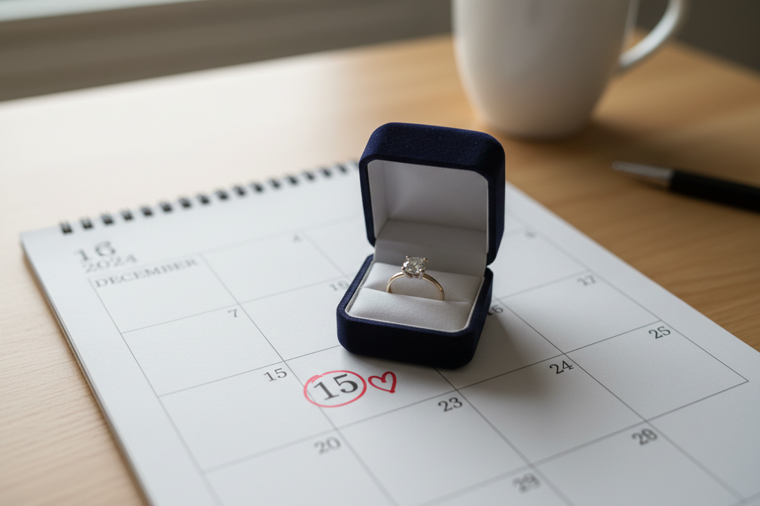 Engagement ring box on a calendar page with a date circled, soft lighting