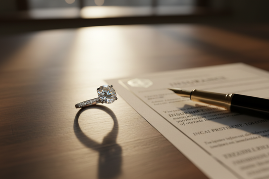 Diamond engagement ring on top of an insurance document with a pen in warm lighting