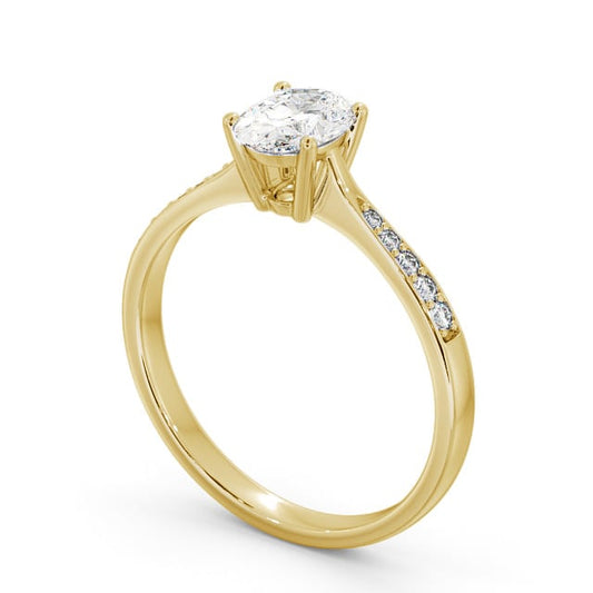 Close-up of a diamond solitaire ring on a yellow gold band against a neutral background.