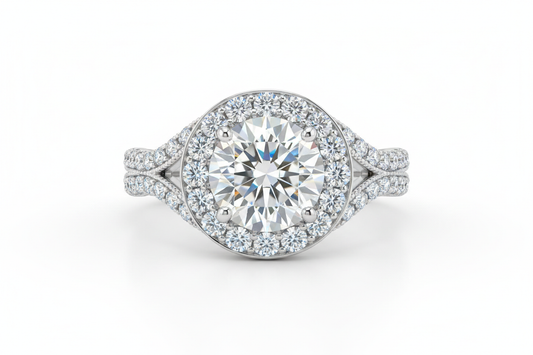 Close-up of a round diamond halo engagement ring on a white gold band with a split shank against a neutral background.