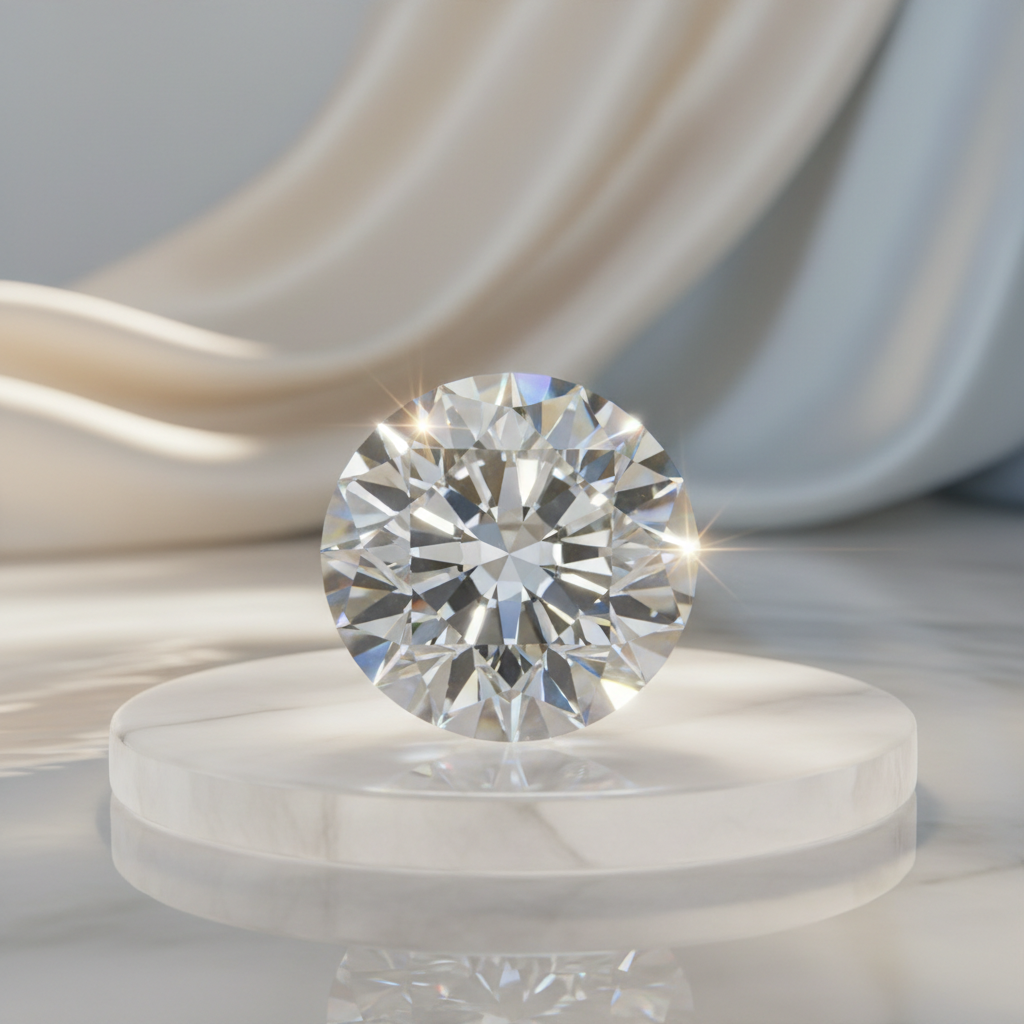 Loose round brilliant-cut diamond displayed on a clear stand against draped fabric.