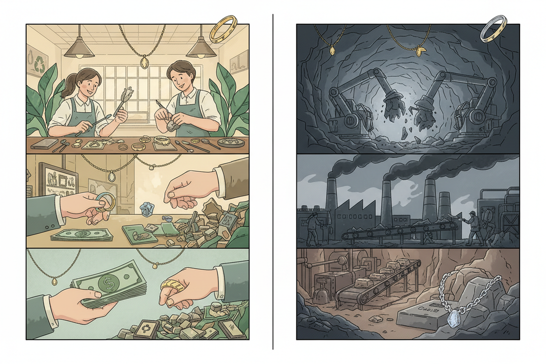 Illustrated panels showing ethical jewellery supply chain from mining to jewellers to consumers