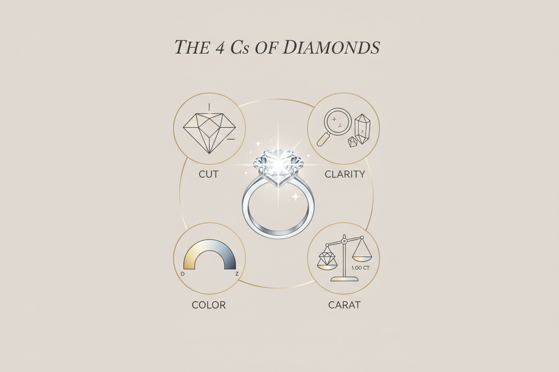 Illustrated diagram of the 4 Cs of diamonds: cut, colour, clarity and carat