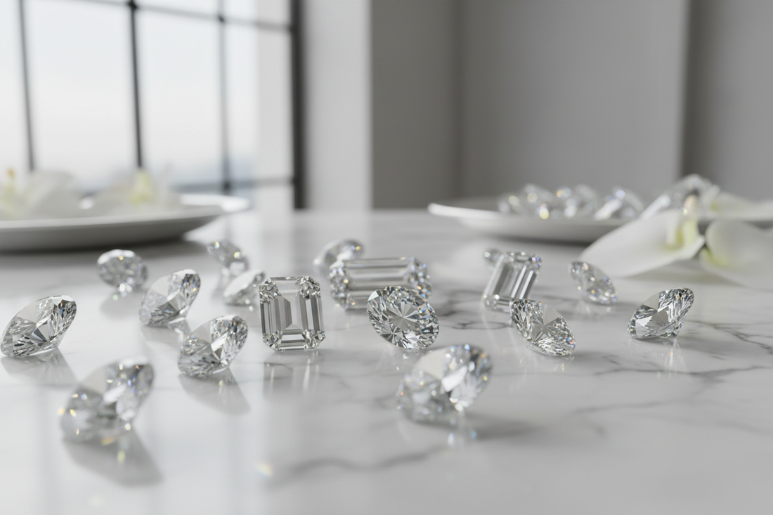 Loose natural diamonds scattered on a reflective surface, representing ethical conflict-free gems