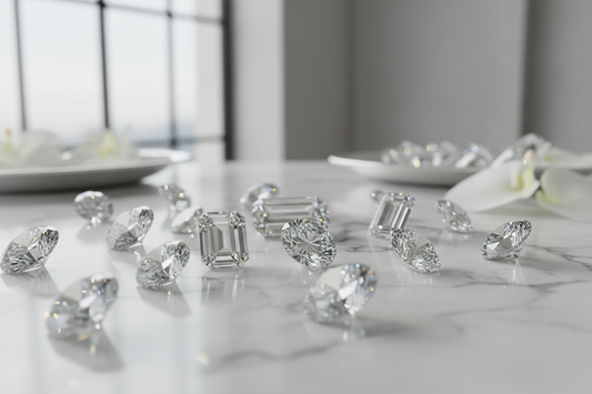 Loose natural diamonds scattered on a reflective surface, representing ethical conflict-free gems