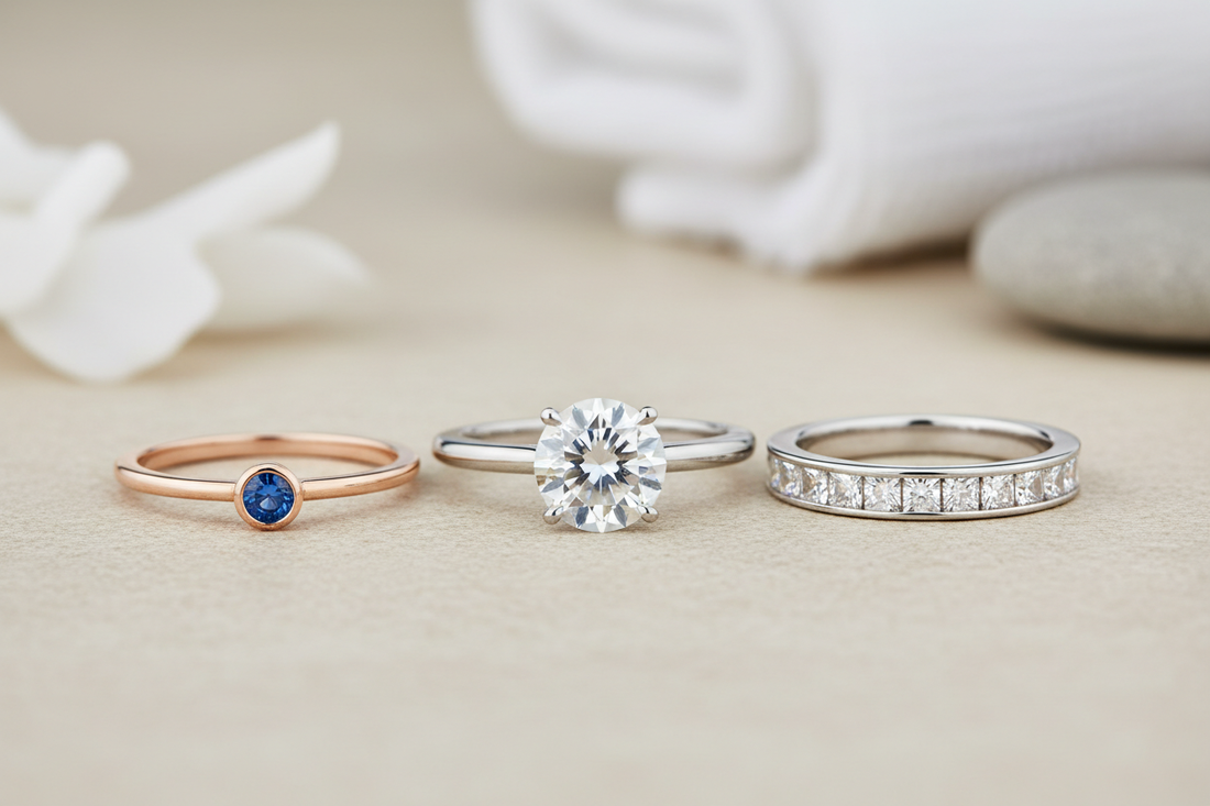 Three diamond rings on towel illustrate jewellery cleaning