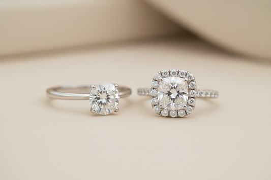 Side-by-side comparison of a solitaire engagement ring and a halo engagement ring on a neutral surface with soft lighting.