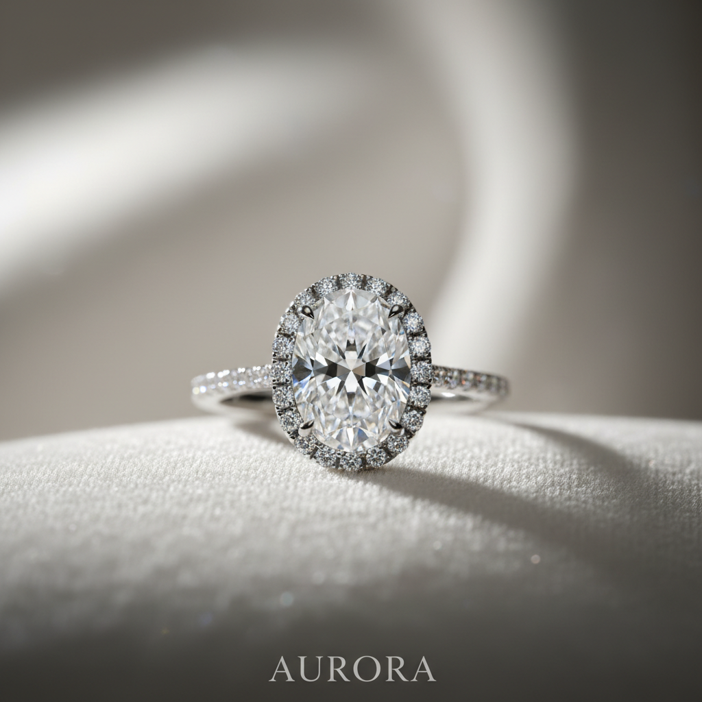 Close-up of an oval-cut halo diamond engagement ring on a silk background with soft lighting