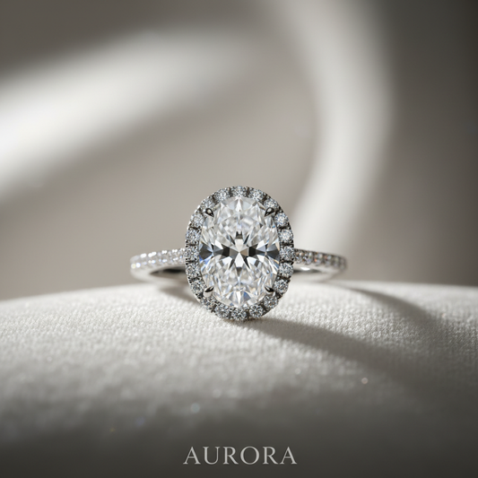 Close-up of an oval-cut halo diamond engagement ring on a silk background with soft lighting